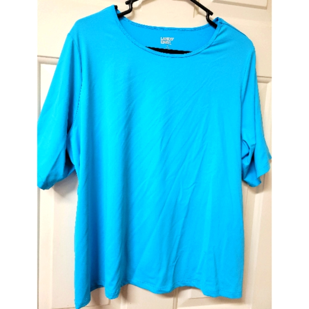 Land’s End 1X Turquoise Blue Stretch Nylon Jersey  T Tee Shirt Short Sleeve Top